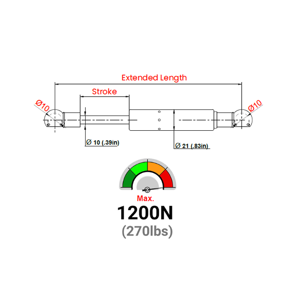 IL10BA-50-200-F1 Stainless Steel Gas Spring